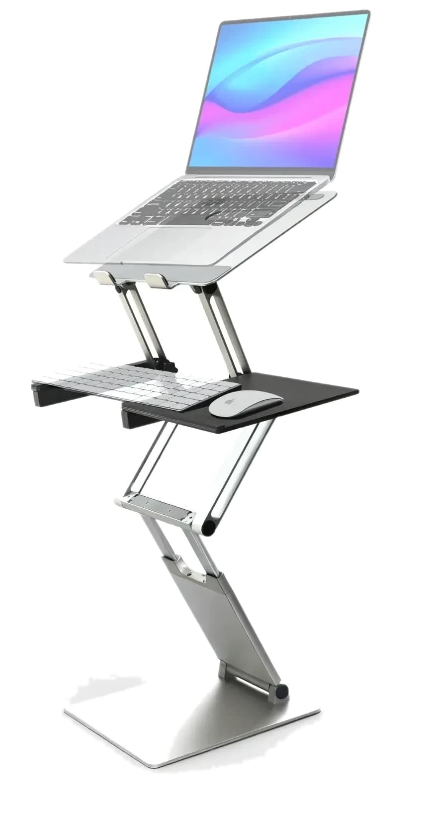 DriftDesk tall standing laptop stand at full 24-inch height with a laptop on top and keyboard tray attached